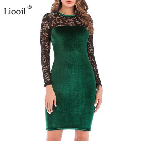 

liooil black lace velvet dress new 2019 spring casual women clothing wine red green female midi bodycon party dresses, Black;gray