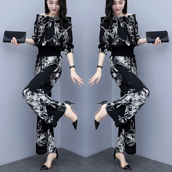 

three quarter sleeve elastic slash neck women and wide leg full pants floral print elegant vintage summer women sets, White
