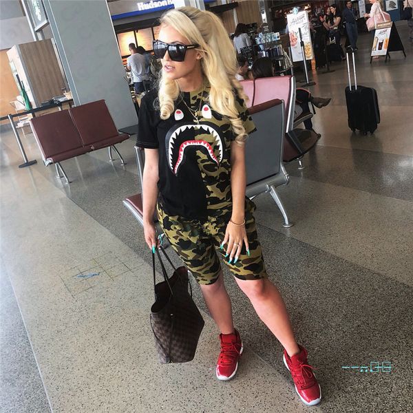 

women shark mouth print summer shorts set short sleeve t-shirt tee shorts pants tracksuit camouflage patchwork jogger suit clothes e5402, Gray