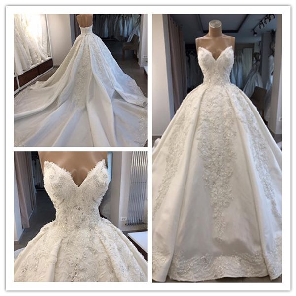 Foto real vestido de bola branca mais tamanho cetim vestidos de noiva vestido de noiva bling longo trem 2019 novos vestidos medievais renaissance