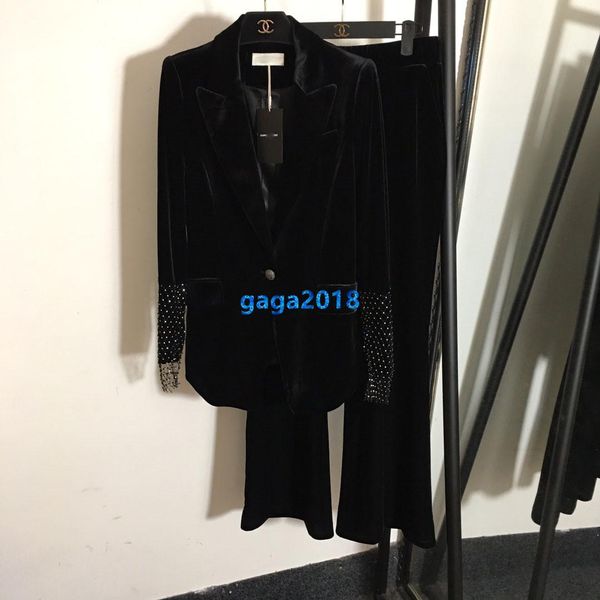 

high end женщины девушки бархатный блейзер куртка кристалл с длинным рукавом пик лацкан верхняя одежда свободные широкие леггинсы брюки мода, White