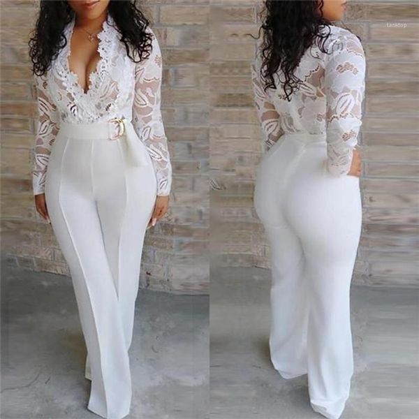 

out v neck long sleeve clothes straight pants famale jumpsuit women white lace jumpsuit hollow, Black;white