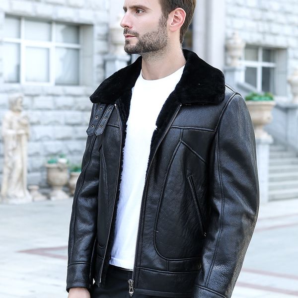 

real leather jacket men стрижку овец зимнее пальто мужчины натуральной шерсти куртки авиация зимние casaco 12-ll1829-1 yy1168, Black