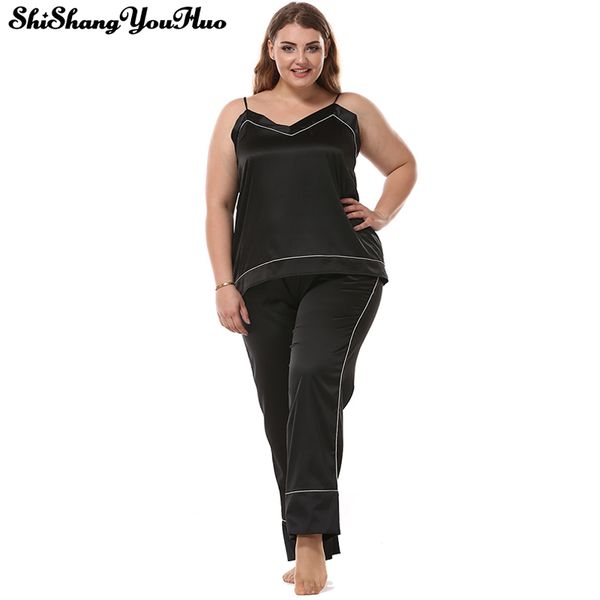 

spaghetti plus size women pajamas set + pants pyjamas women satin 3xl big size nightwear homewear sleepwear tracksuit, Black;red