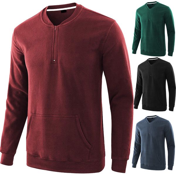 

mens half zipper solid color hoodie with big pocket autumn baseball uniform casual sport hoodie 5 colors, Black