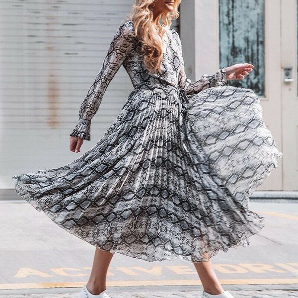 

casual dresses fashion womens chiffon v-neck snake print long flare sleeve maxi summer boho dress holiday beach streetwear sweet clothing, Black;gray