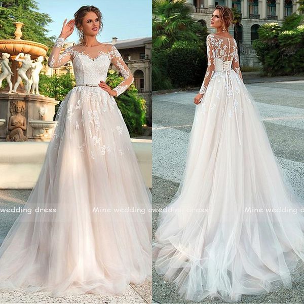 

long sleeves a line wedding dress illusion lace appliques with bow belt bridal gowns back button and lace up vestido de noiva wedding gown, White