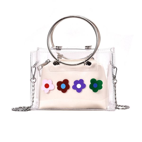 

women's solid color transparent jelly shoulder bag ladies fashion chain messenger bag mobile phone flower ring decoration