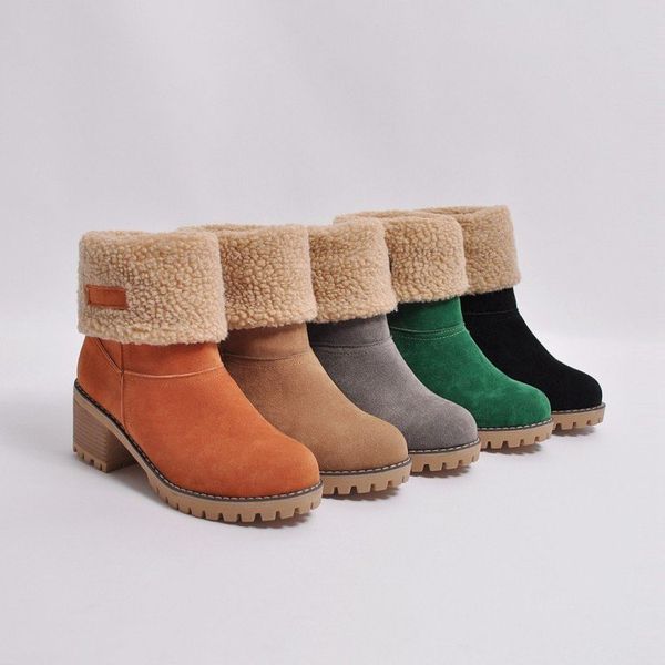 

new winter women booties warm snow boots designer suede half boot fashion solid round toes knee boot chunky heels two kinds of shoes, Black