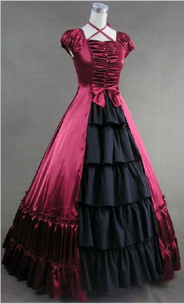 

retro elegant vintage victorian civil war southern belle satin evening party ball gown black red sleeveless lolita prom dress