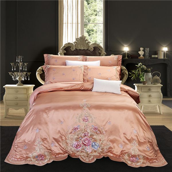 Luxury Embroidery Flowers Duvet Cover Set Satin Like Silk Rich
