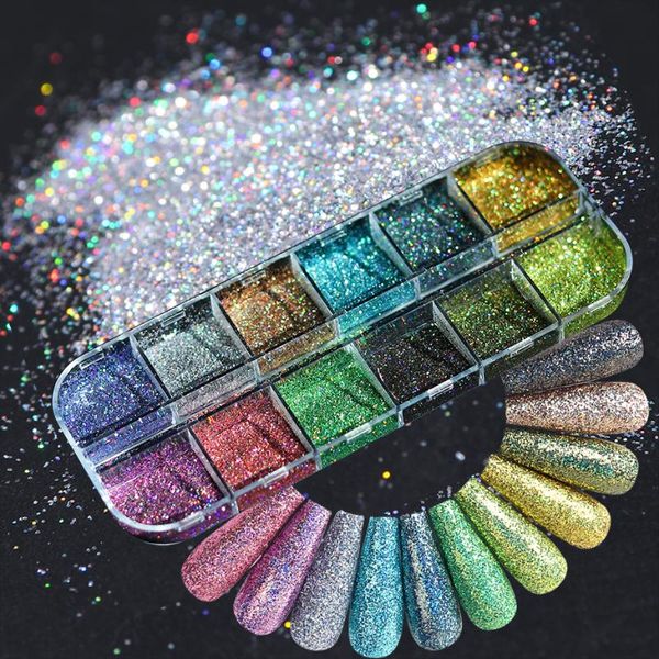

12 grids laser nail glitter holographic powder sequins charms flake paillette sparkly pigment dust nail art decorations tr1562, Silver;gold