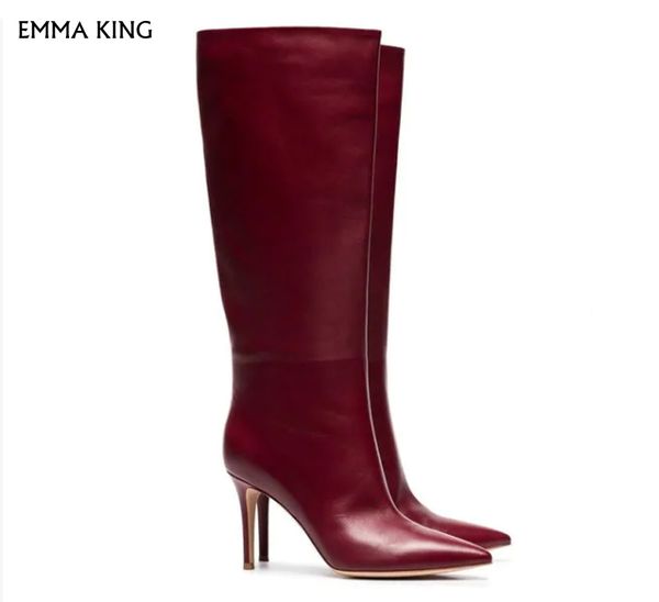 

trendy red pu slouch boots women pointy toe heels knee-high boots fashion botas mujer 2019 shoes woman heels ladies plus size, Black
