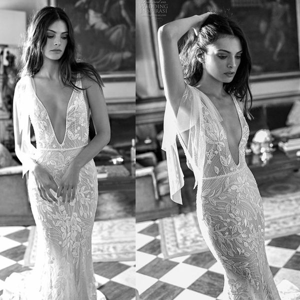 

gali karten mermaid wedding dresses deep v neck beaded appliques bridal gowns beach lace backless wedding dress, White