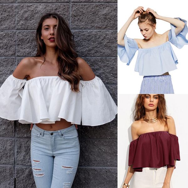 

summer new style fashion stock women flare sleeve tank off shoulder tee shirt crop cropped, White
