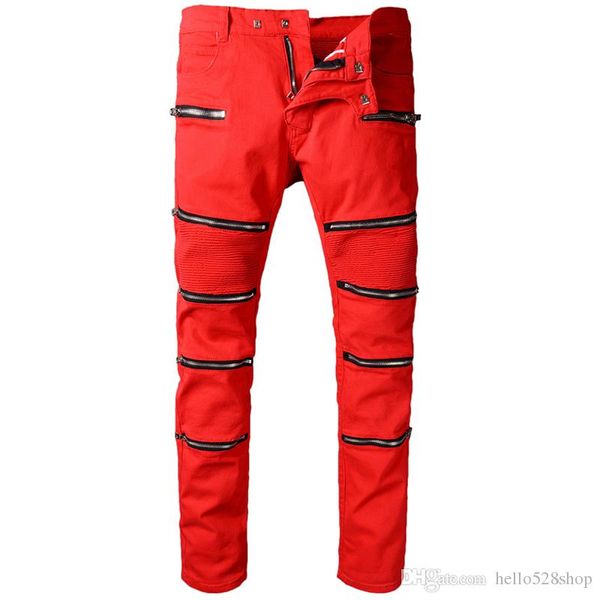 

retro leisure zipper design pants for men europe and the united states streetwear tide brand motorcycle male jeans pants red, Blue