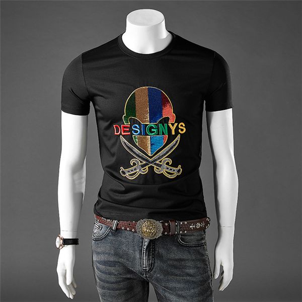 

2 colors mens t shirts skull sequins embroidery t-shirt slim short sleeve loose casual clothes m-3xl, White;black