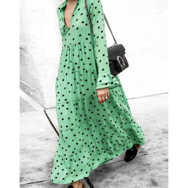 

plus size 2019 summer autumn women v-neck long sleeve polka dot maxi dress lady casual layered long dresses, Black;gray