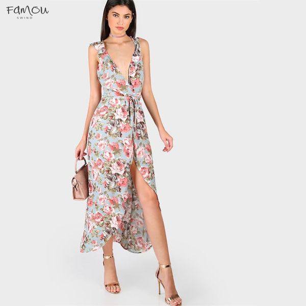 

-Neck Crisscross Backless Floral Rose Wrap Belted Boho Print Beach Maxi Dress 2019 Summer Women Letter Vacation Shift Dress