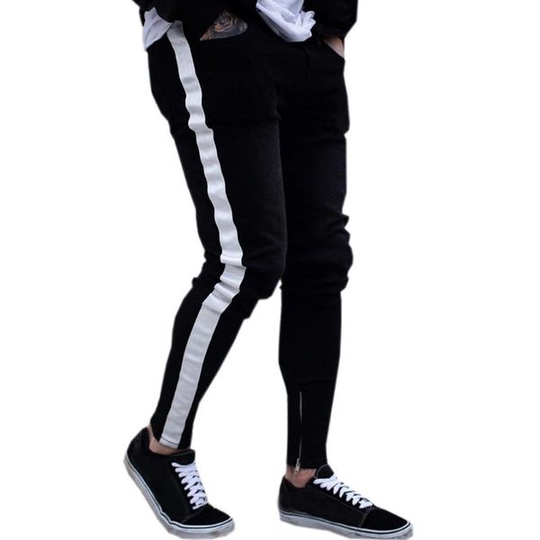 

black jeans men casual stripe trouser biker ripped skinny jeans frayed slim fit denim pants trousers clothes pencil pants, Blue