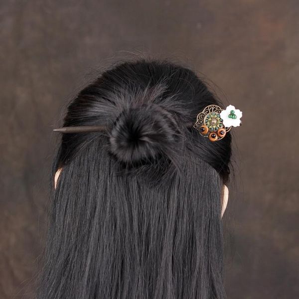 

Vintage Handmade Flower Wooden Hair Sticks Chinese Resin Beads HairPins Women/Girl Hair Ornaments Hair Jewelry
