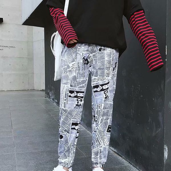 

2020 мода упругие drawstring талии hip hop брюки chic газета печатный гарем брюки свободные брюки карандаш уличная, Black;white