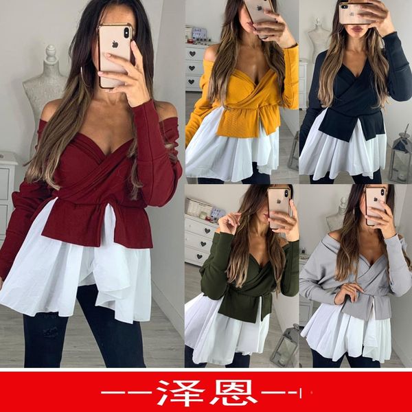 

womens designer t shirt v collar cross off-shoulder thread irregular stitching 5378, White