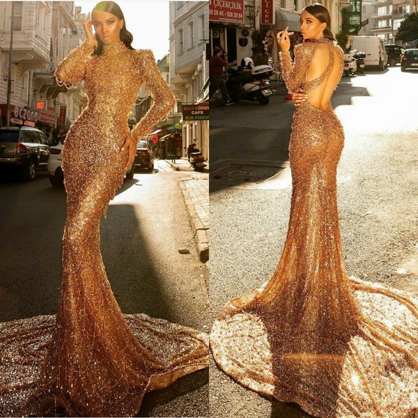 

gold mermaid evening dresses high collar lace sequins pearls long sleeve backless prom dress sweep train red carpet gowns, Black;red