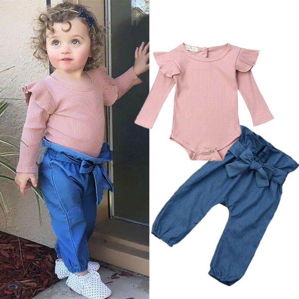 

newborn kids baby girl clothes long sleeve romper+bownot pants outfit autumn casual baby girl clothes set, White