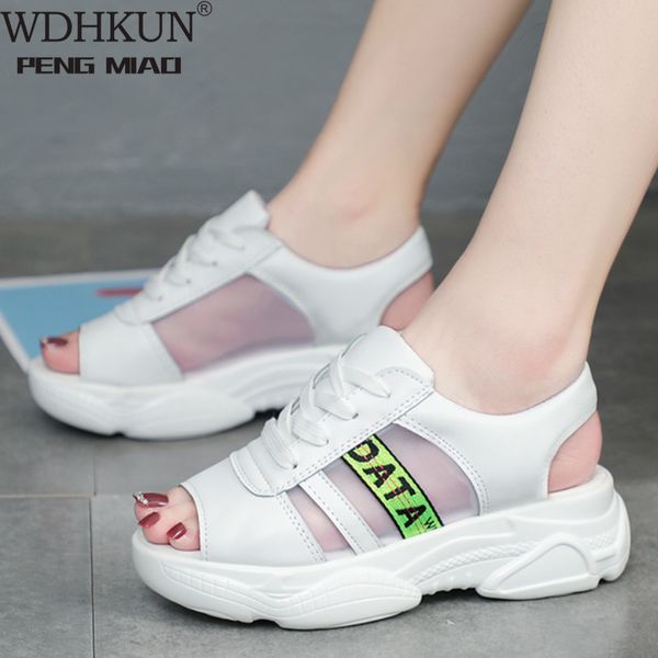 

wdhkun 35-40 women's sandals 2020 new thick bottom sports student sandals women's wild bandage mesh yarn wedge heel, Black