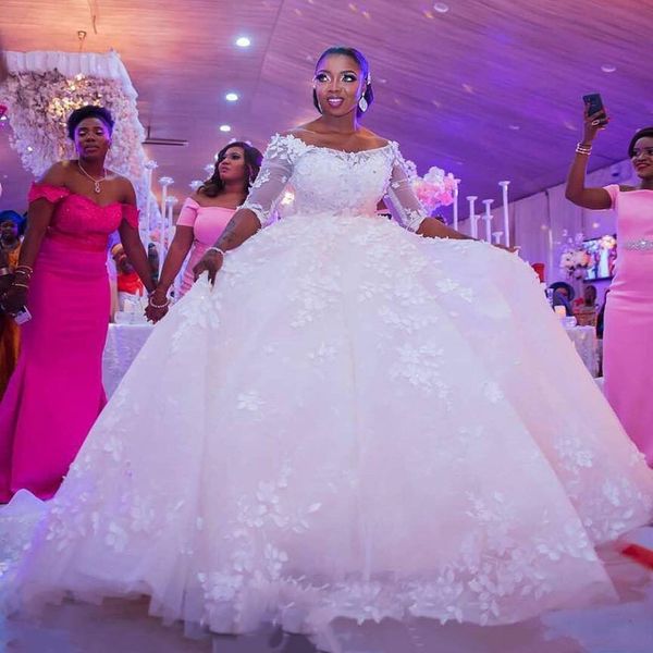 

arabic modest long sleeves ball gown wedding dresses appliques lace floral sheer half sleeves backless bridal gowns, White