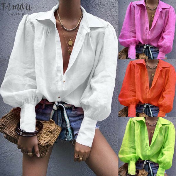 

autumn women fashion long lantern sleeve lantern sleeve solid color button loose turn down collar office lady shirt t shirt ladies top, White