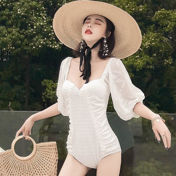 

ins style one-piece female hepburn swimsuit style steel holder gathers bubble sleeves conservative belly-covering slim swimsuit, White;black