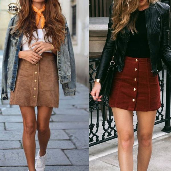 

women fashion high waist suede skirts women pu leather skater skirt plus size ladies europe stylish mini skirts with button, Black
