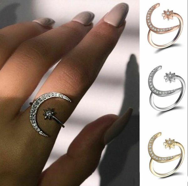 Fashion Silver CZ Moon and Star Rings Women Wedding Jewelry Anello regolabile aperto