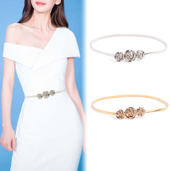 

flower shape ladies dress belt silver gold elastic women belt stretch skinny chain female waist cinturon elastico mujer, Black;brown