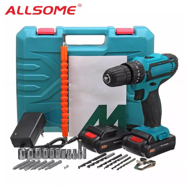 

allsome 32v 2 speed power drills 6000mah cordless drill 3 in1 electric screwdriver hammer hand drill 2 batteries ht2785