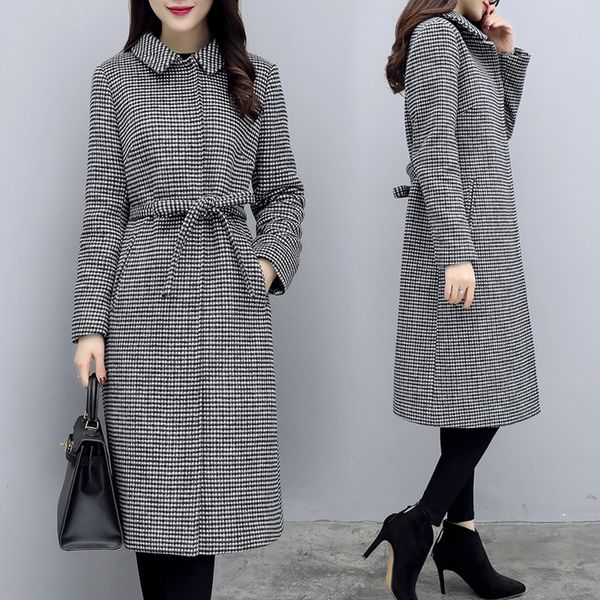 

autumn spring 2020 new wool coat women long plaid houndstooth woolen female jacket elegant womens coats sobretudo kj950, Black