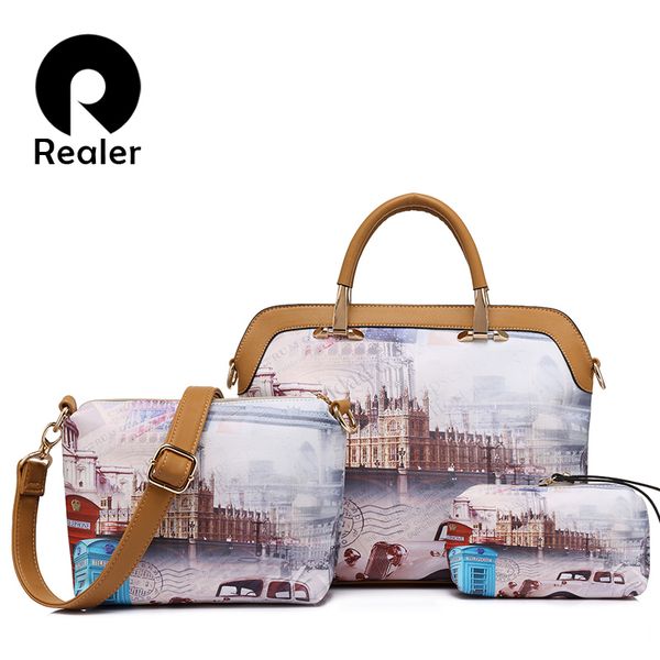 

realer 3 pcs printed handbag female composite bag large capacity artificial leather tote bag+small shoulder bag+coin purse