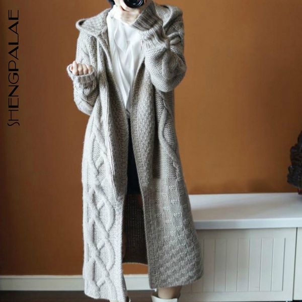 

shengpalae open stitch full flare sleeve hooded collar embroidery long length women loose coat new 2019 autumn korea style fs474, Tan;black