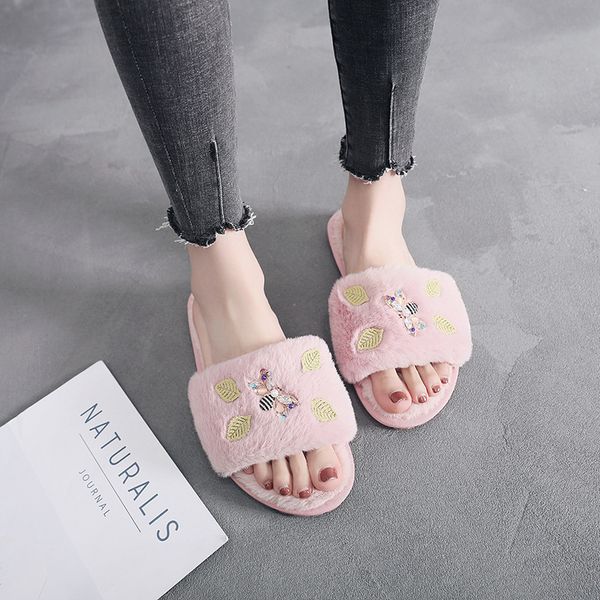 

shoes slippers flat slides fur flip flops fashion slipers women low plush luxury 2019 basic rubber with fur autumn embroider, Black
