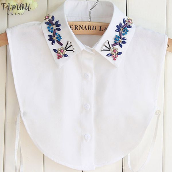 

half rhinestone shirt style blouse detachable women girls chic faux fake lapel shirt collar womens accessories neck decor cotton, White