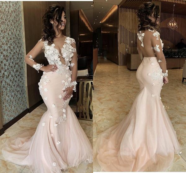 

2020 black girls prom dresses sheer long sleeve appliqued mermaid see through bodice evening party gowns