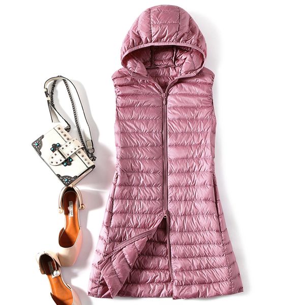 

casual hooded down vest women autumn winter fashion light thin mid-length waistcoat down jacket all-mach slim long coat 543, Black
