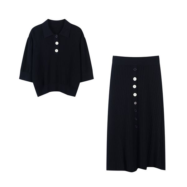 

two piece dress runway buttons tracksuits women suits short sleeve split midi skirt set summer holiday office ladies knitted two-piece, White