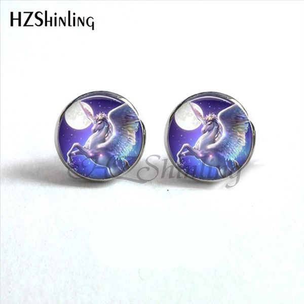 

2019 unicorn studs earrings fantasy style gift rainbow unicorn earring glass dome earrings for women hz4 nes-0082, Golden;silver