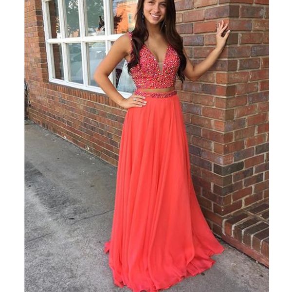 

tow piece a line v neck prom gowns beaded sequins chiffon 2020 evening dresses vestidos formal celebrity gowns, Black