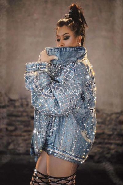 

stage wear sparkly rhinestones denim jacket outfit blazer fashion design dancer dj singer nightclub dance costume, Black;red