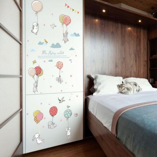 Cartoon Diy Cute Balloon Rabbit Wall Sticker For Kids Room Birds Cloud Decor Furniture Wardrobe Bedroom Living Room Decal Decors Wall Art Vinyl
