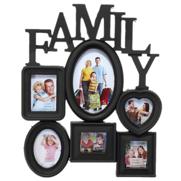 

family p frame wall hanging 6 multi-sized pictures holder display home decor gift 30x37cm back side with pull tabs- black